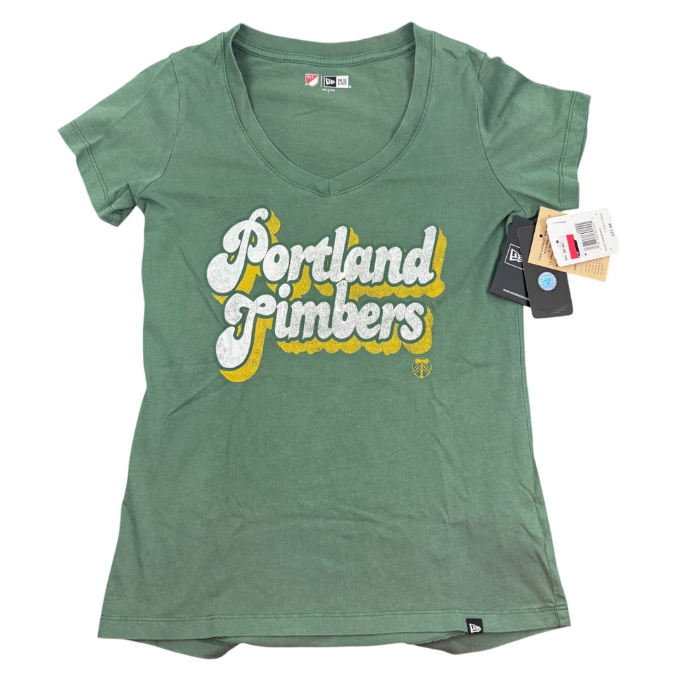 New Era Portland Timbers T-Shirt Women Small Green V-Neck MLS Soccer Graphic Tee